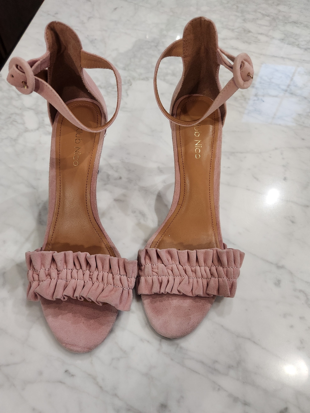 Ruffled Suede Ankle-Strap Sandals - Dusty Pink